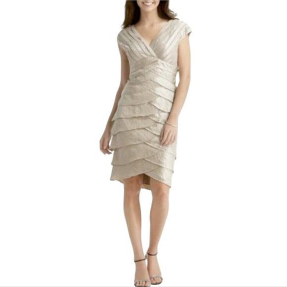 Adrianna Papell Champagne Gold Tiered Ruffle Empire Waist Cocktail Dress 6 New